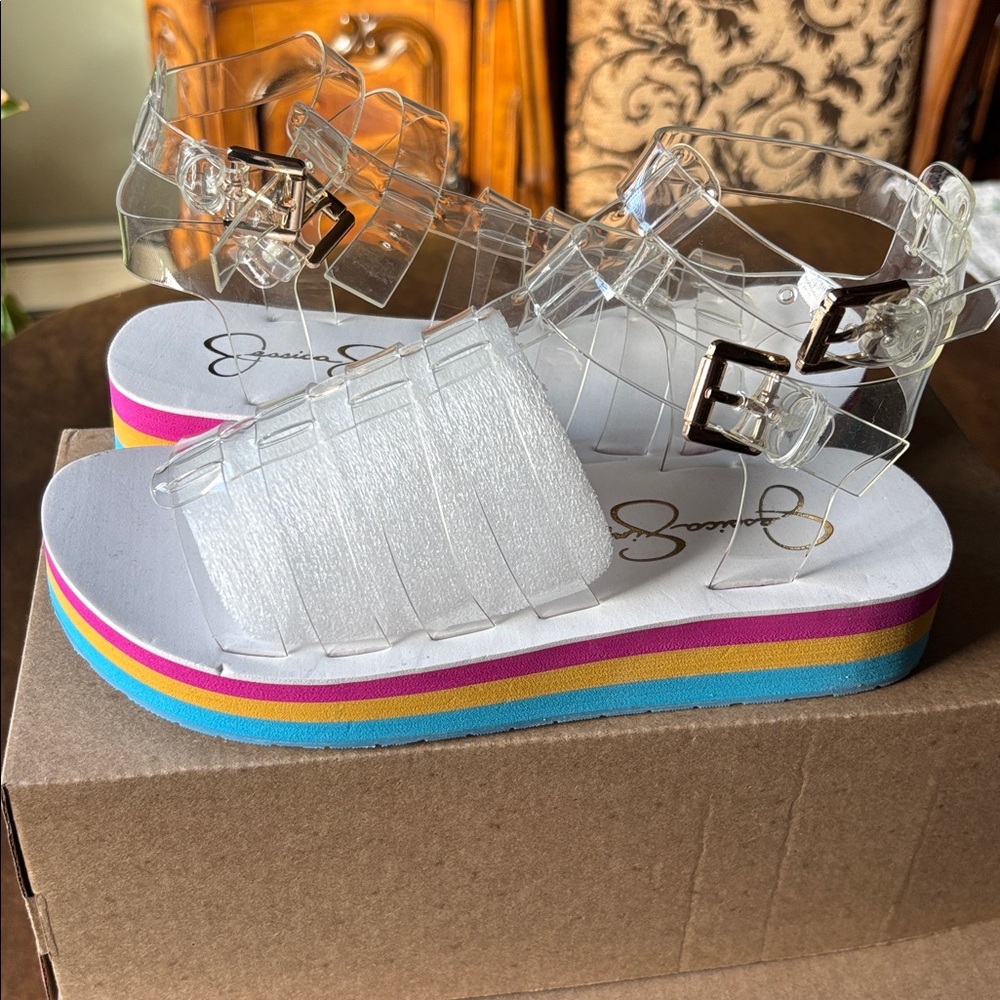 Jessica Simpson Clear and White Sandals with Rainbow Sole